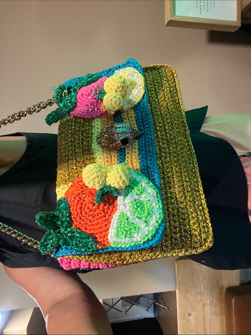 Kurt Geiger Multicolor Crochet Fruit Shoulder Bag with Gold Chain - Picture 7 of 7